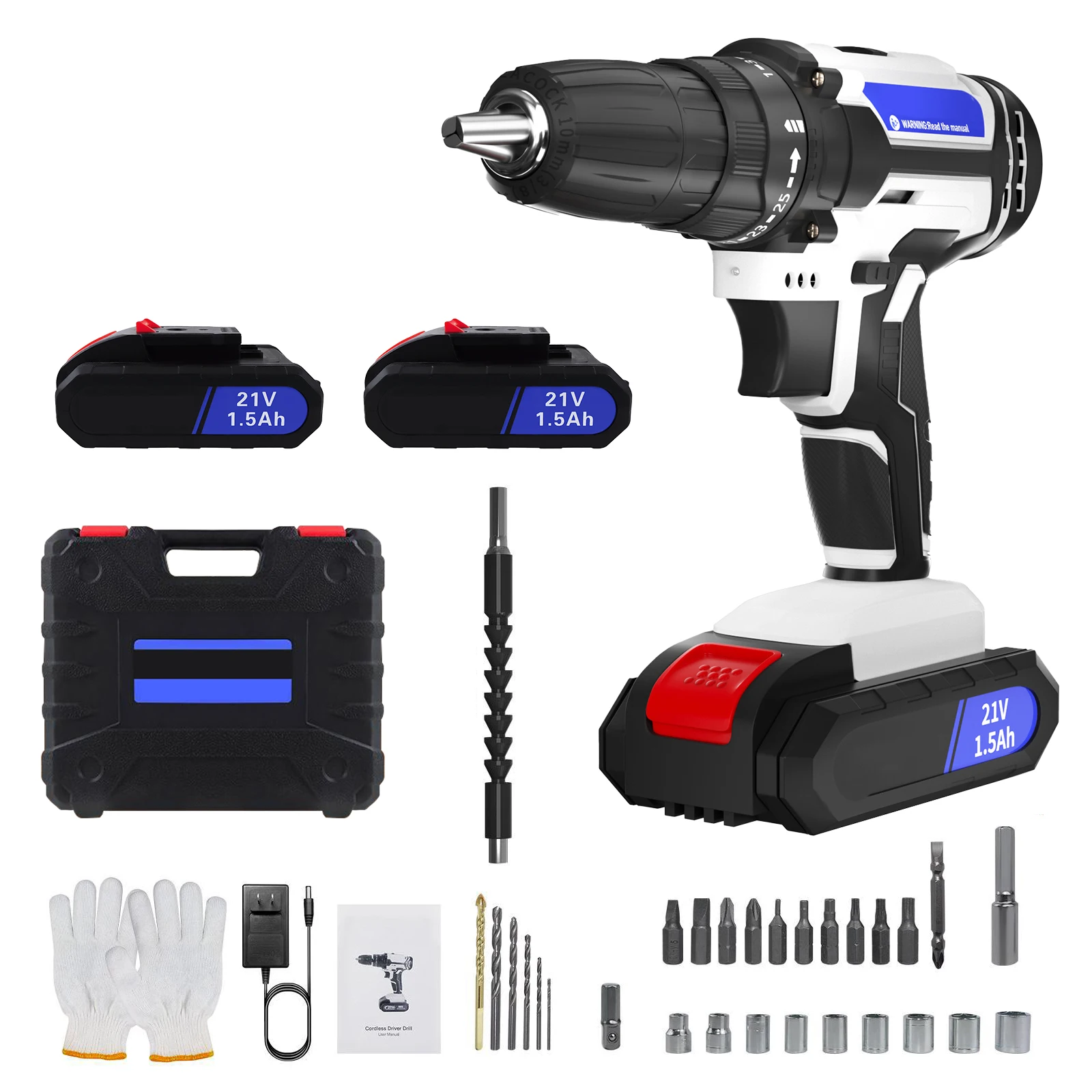 21V Portable Cordless Power Drill Set Impact Screw Driver with 1500mAh Li-Ion Battery 25+1 Torque Setting 45N.m