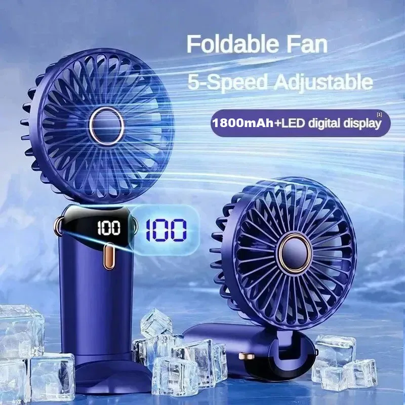 1800mAh Handheld Neck Hanging USB Mini Fan Foldable Portable 5 Speed Rechargeable Fan with Phone Stand and LED Display Screen