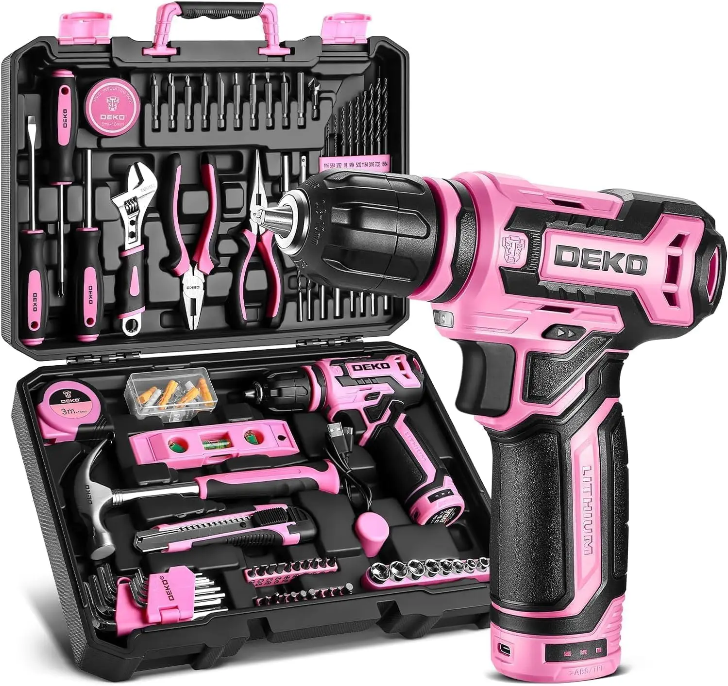 Pink Cordless Drill Tool Set Kit for Women, 12V Electric Drill Driver with Toolbox for Home Repair and DIY Projects