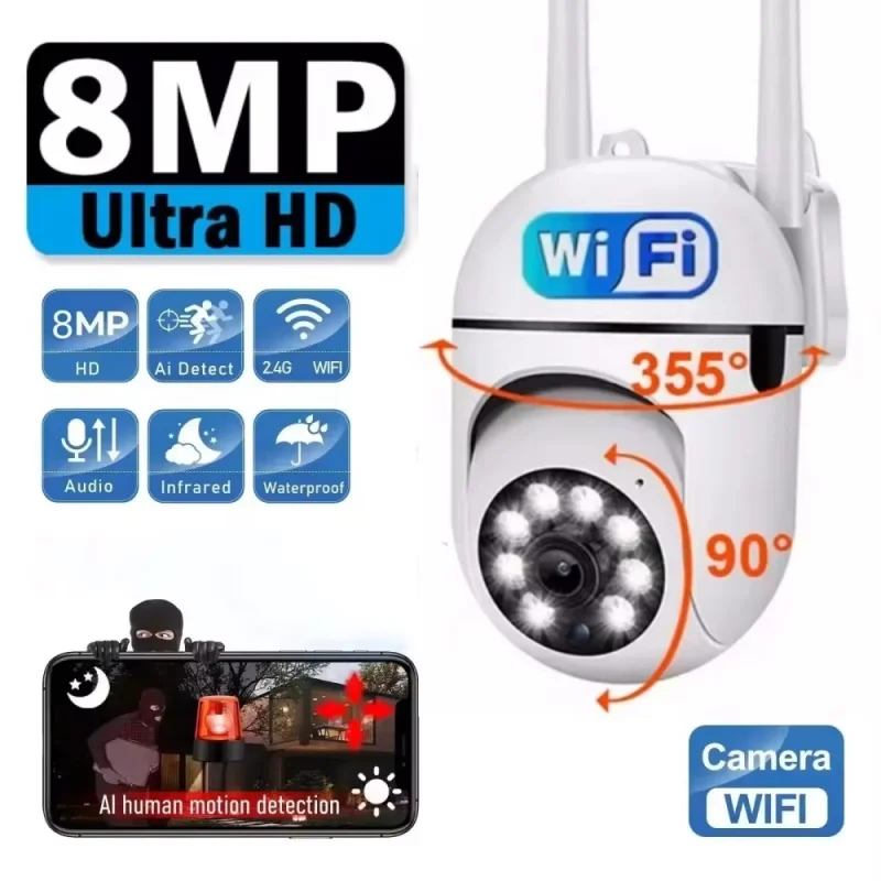 8MP WiFi Security Camera 2.4G Home Surveillance with PTZ IR Night Vision Motion Detection Child Monitoring 2 Antennas